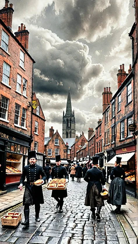 Under a cloudy sky, illustrate the streets of York, northern England, in the 1890s. The cobblestone streets are alive with peddlers, pedestrians, carriages, and wagons. In the center is a peddler offering meat pies, the aroma of which is wafting through th...