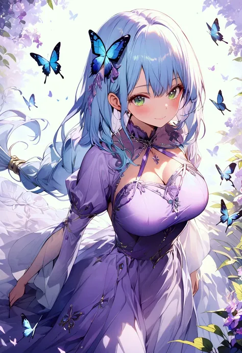 (masterpiece),(best quality),(ultra-detailed),(best illustration),(best shadow),(detailed background), 1girl, solo, green-eyes, long-hair, ((blue-hair)), smile, dress, knee-boots, low-tied-long-hair, breasts, purple-dress, simple-background, looking-at-vie...