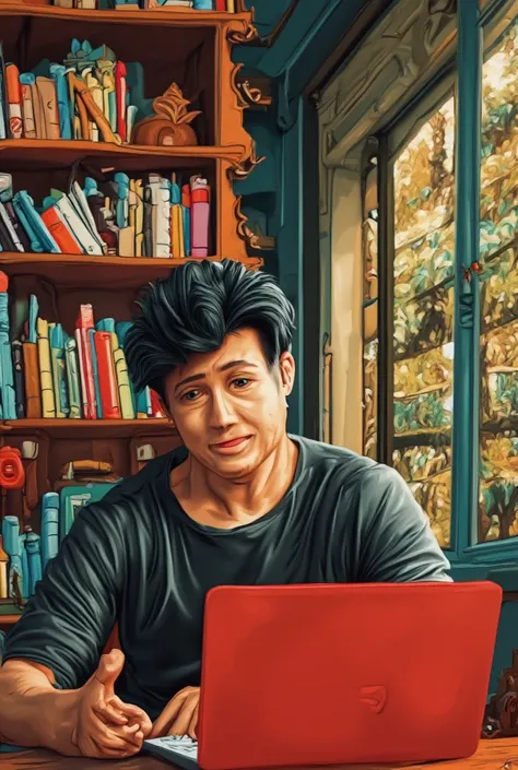 by norman_rockwell+oil_painting in intense and soft colors of a young man slim-fit .black wavy hair, toned body, tall, caristmatic face expression, smiling,Latino very gourgeous looking at the camera typing on a red laptop computer in background shelves  w...