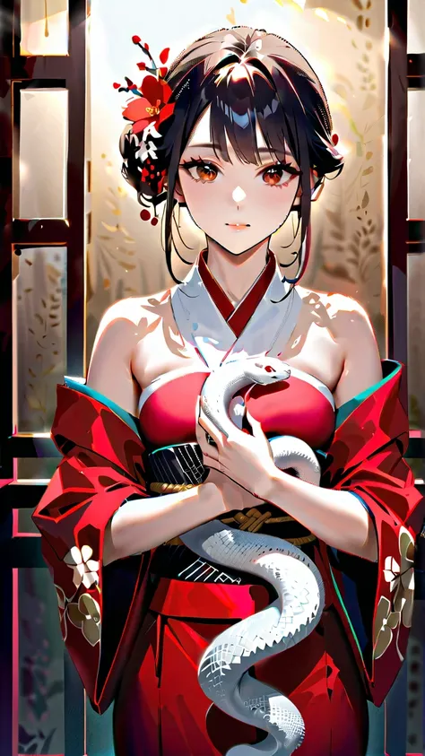 (Masterpiece,4K,High Resolution,High Quality,Realistic,Best Illustration,Complex Composition),(SIGMA 35 mm F/1.2),shibari,snake bondage
A young, fair-skinned Asian woman in a traditional Japanese kimono stands upright in the center of the frame, her hands ...