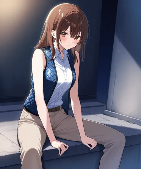 beautiful sexy anime girl with long brown hair, wearing white sleeveless button up collared shirt with a blue quilted open vest over it & beige khaki pants, sitting on a concrete at a dark urban backstreet, dark night sky, 1girl, solo