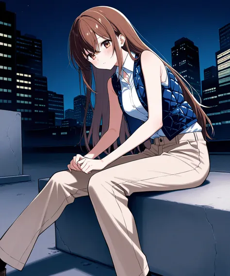 beautiful sexy anime girl with long brown hair, wearing white sleeveless button up collared shirt with a blue quilted open vest over it & beige khaki pants, sitting on a concrete at a dark urban backstreet, dark night sky, 1girl, solo