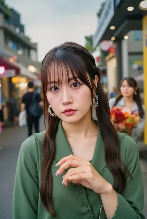 a woman posing on the street corner with green dress on,  best quality ,  high resolution, 8k, 1peopleの女の子, (Big Breasts), day,  bright , Outdoors, (street:0.8), (people々, crowd:1), ( lace trim dress:1.5, green clothes:1.5, yellow high neck dress :1.5,   s...