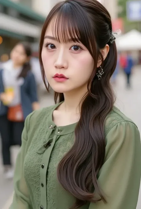 a woman posing on the street corner with green dress on,  best quality ,  high resolution, 8k, 1peopleの女の子, (Big Breasts), day,  bright , Outdoors, (street:0.8), (people々, crowd:1), ( lace trim dress:1.5, green clothes:1.5, yellow high neck dress :1.5,   s...