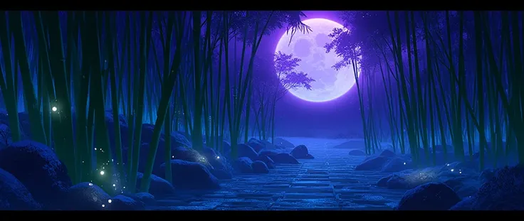 (best quality,4k,8k,highres,masterpiece:1.2),ultra-detailed,(realistic,photorealistic,photo-realistic:1.37),dense green bamboo forest, detailed night sky, full moon, glowing fireflies, mystical atmosphere, lush greenery, intricate bamboo textures, dramatic...