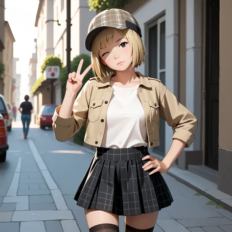 rating_questionable,
(cowboy shot), dutch angle, from lower,
1girl, solo,
ash blonde hair, short bob cut, asymmetrical hair, black eyes,
wearing a beige Cropped Jacket, (deerstalker hat), white solid undershirt, checkered mini skirt, thighhighs, detailed c...