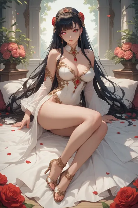 Seductive eyes , sexy , cute face ,black hair ,beautiful hair ,woman , anime , seductive eyes detailed , red eyes looking intense straight , full body character , design character , full body size , detailed , beautiful body 