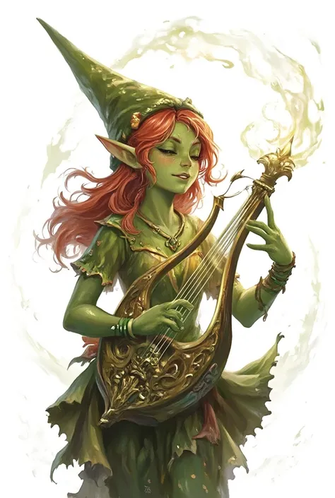 A beautiful female adult gnome with green skin and red hair, fighting playing a magic lyre. White background