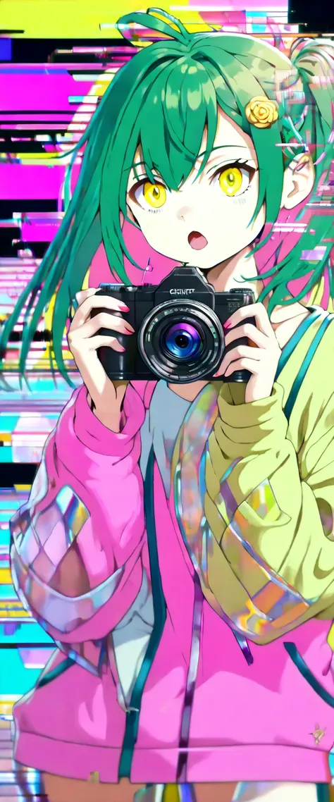 1girl, (spiral pupils:1.5), black eyes, wide oval eyes, shocked, green neon hair, (glitch:2),multicolored clothes, (pink and yellow neon clothes:1.4) neon lights, ((neon colors:1.2)), glitch censor, spiral background, (depth of field:1.5), pointing at self...