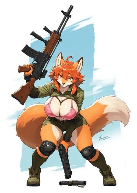 1girl, knee_pads, breasts, gun, furry_female, furry, orange_fur, weapon, holding, solo, fox_tail, holding_gun, tail, fox_girl, animal_nose, pink_bra, shorts, animal_ears, looking_at_viewer, rifle, (masterpiece, anthropomorphic fantasy anime style, creative...