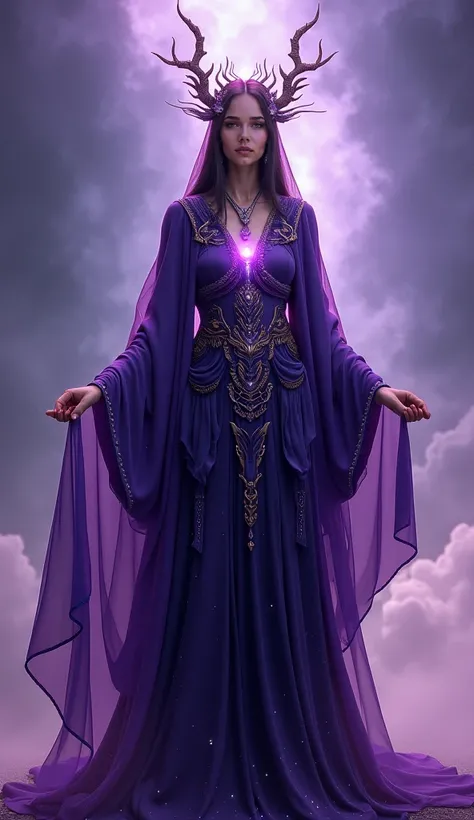 Midshot front view photo of a cosmic priestess wearing a dark purple robe.