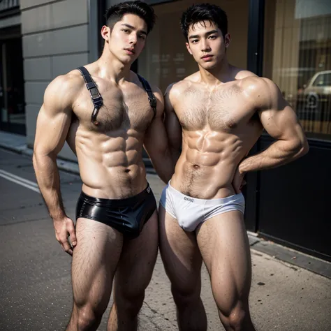 two men in leather underwear standing next to each other on a street, roberto ferri and ruan jia, black leather harness, 2 muscular attractive men, muscular men entwined together, alessio albi and shin jeongho, two muscular men entwined, gay, hard rubber c...