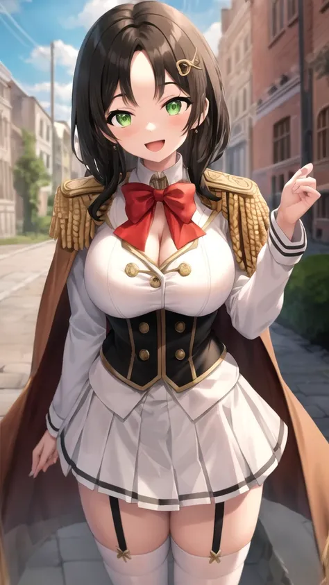 masterpiece, best quality, high quality, girl, solo, looking at viewer, rudeus_greyrat, large breasts, feather hair ornament, black hair ribbon, white shirt, corset, green skirt, cleavage cutout, shoulder cutout, long sleeves, red cape, epaulettes, red bow...