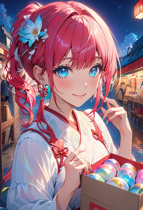 (Masterpiece), ((( best quality )), ( very detailed),  1 girl, ( iridescent hair,  colorful hair,  Half Blue and Half Pink Hair : 1.2), , (yukina: 1.2), Outdoors, bangs, smile, sky blue eyes,  perfect hands ,  perfect hands , Hand Detail, Modified fingers....