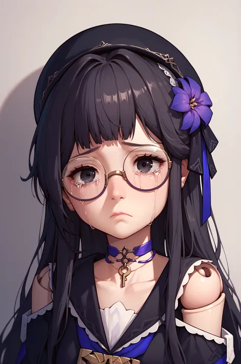 (score_9, score_8_up, score_7_up), 1girl, herta, black hair, black eyes, circle eyeglasses, doll joints, beret, purple choker, crying, sad face, closed mouth, 