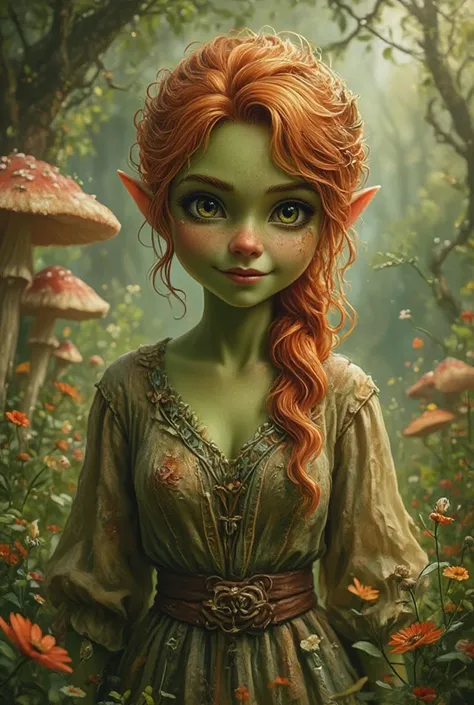 A beautiful female adult gnome with green skin and red hair 