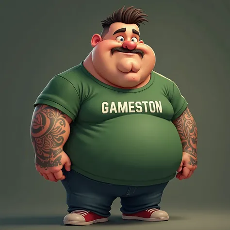  a chubby full body not very fat and with a thin and small and straight mustache and hair shaved on the sides and a small tuft in the front (Even small with the hair ) And with the shirt in the color green , It's spelled GAMESTON AND WITH TATTOO ON THE ARM...