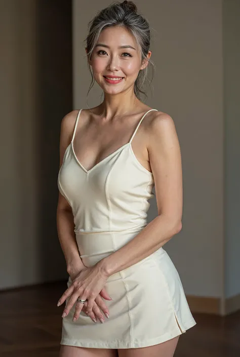  photorealistic、 full body image 、50 year old woman、Group photo of 5 beautiful 50-year-old charismatic old Japanese prostitutes who are good friends 、 with a thin and poor body、Damaged gray ponytail with flashy hairstyle 、 small wrinkles and freckles and m...