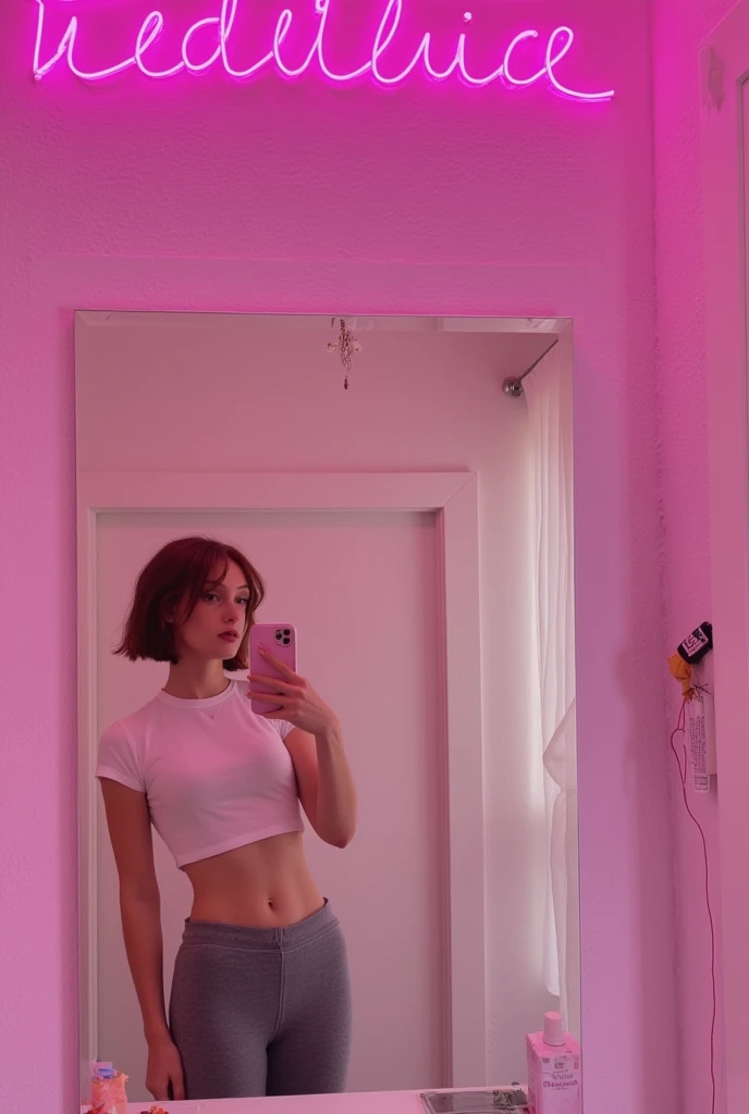 Emmaleiah .   The image is a photograph of a young woman taking a selfie in a well-lit teenage room, pink walls,  Teenage room , Selfie in the mirror, individual direct light . has short hair, brown and youthful . .  she wears a sleeveless white t-shirt , ...