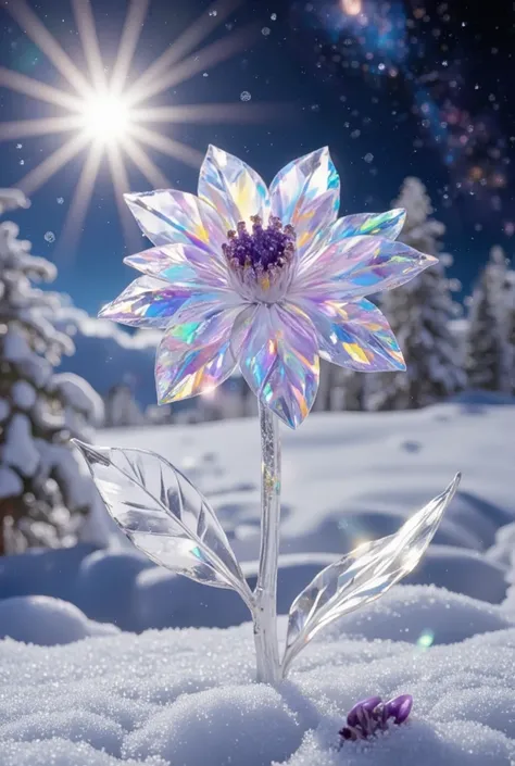 Crystal Spring Flower , Fantasy , galaxy, transparent,  sparkles,  sparkles的, brilliant,  colorful, Magical photography,  Dramatic Lighting ,  Photographs are realistic，outdoor, snow， super detailed , 4K, Depth of Field,  high resolution