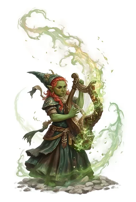 A beautiful female adult gnome with green skin and red hair, fighting with playing a magic Small harp. White background