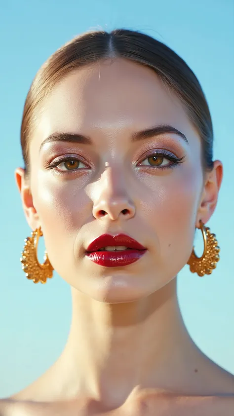 A hyper-detailed, avant-garde facing forward shot photograph featuring a striking woman with pale light skin against a clear, light blue sky. Her nude high-angle mid shot highlights the smooth texture of her flawless complexion. Shimmering metallic eyeshad...