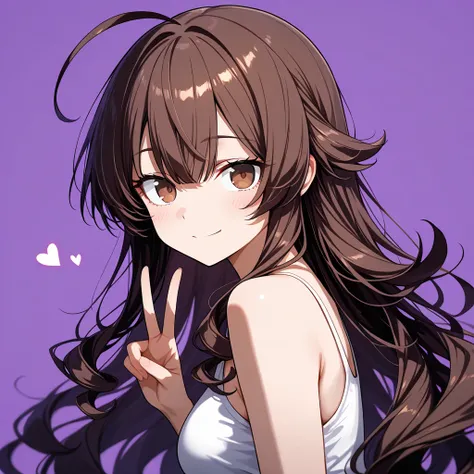 masterpiece, best quality, amazing quality, very aesthetic, absurdres, newest, scenery,highly detailed,high-resolution,fullBODY,female,woman,brown hair,long hair,(wave hair,ahoge:1.2),brown eyes,
droopy eyes,fair skin,,simple background,purple background,v...