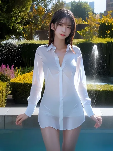 (Wearing only a white dress shirt on top of naked), water play, nipples, transparent nipples, white dress shirt from see-through nipples, garden fountain water play, garden, in the fountain, water play, soaked in water to ankles, drenched from head to toe,...