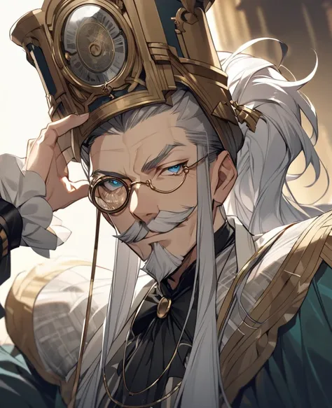 He creates the image of an old man, with long hair pulled back in a white ponytail, dressed in fine noble costumes of the Victorian era and also wears a monocle, has watchmaker's accessories all over his head and one of his eyes reveals that he is a man wh...