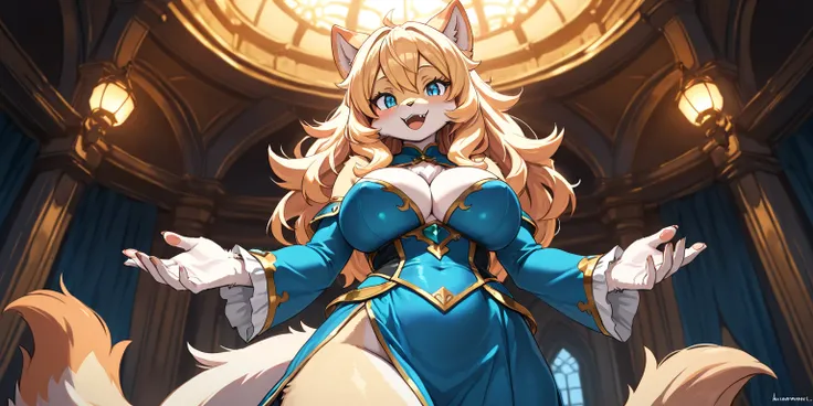 1girl, furry, breasts, furry_female, solo, large_breasts, tail, animal_ears, long_hair, blue_dress, from_below, open_mouth, looking_at_viewer, dress, blue_eyes, white_fur, indoors, (masterpiece, anthropomorphic fantasy anime style, creative art), big tits,...