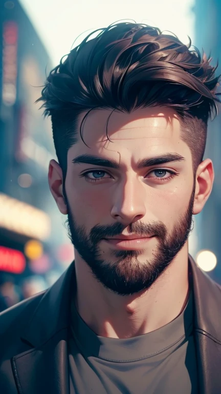 ( best quality,4K,8k, highres, masterpiece :1.2), ultra-detailed ,(realistic,photorealistic,photo-realistic:1.37),34 years old, man,3 day beard,Cute anime ,Portraits,strong,Masculine, dark haired ,sharp jaw,  mesmerizing eyes  , perfectly combed hair,cool ...