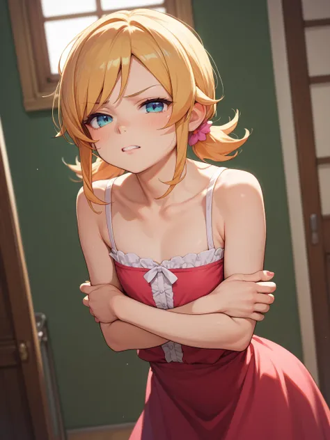 kawaii anime , flat chest girl , (Forced cleavage:0.5) , Draw breasts inward by hands and push them up , Arms crossed , bend over , An open-necked dress