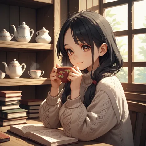 a Japanese woman in her 30s with long black hair that flows naturally. She has a kind and gentle smile, soft brown eyes filled with thoughtfulness. She is wearing a comfortable light-gray knit sweater, sitting in a cozy corner with a stack of books and a c...