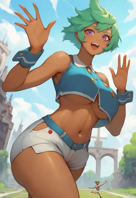 masterpiece, best quality, 1girl, solo, evol_zessica, cowboy shot, from behind, from below, crop top, navel, white short shorts, wrist cuffs, large breasts, dark-skinned female, green hair, short hair, hair ribbon, purple eyes, looking at viewer, smile, op...