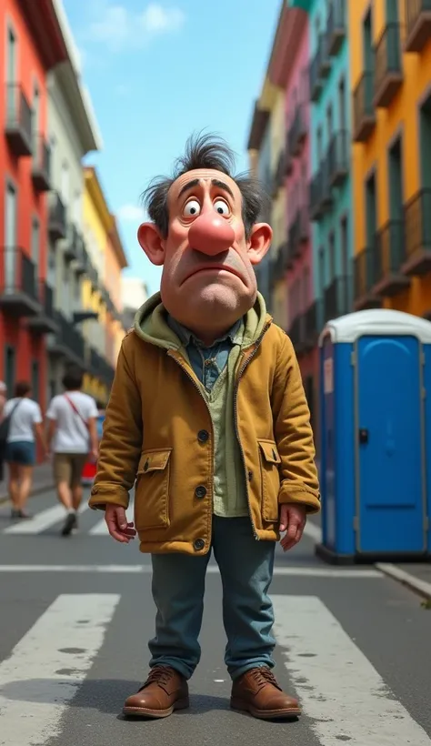  An image hyper-realistic and surreal of an eccentric character named Carlos Ferreira standing on a busy street,  visibly embarrassed after an unfortunate accident .  Carlos's nose is exaggeratedly large , larger than her entire body ,  adding a surreal an...