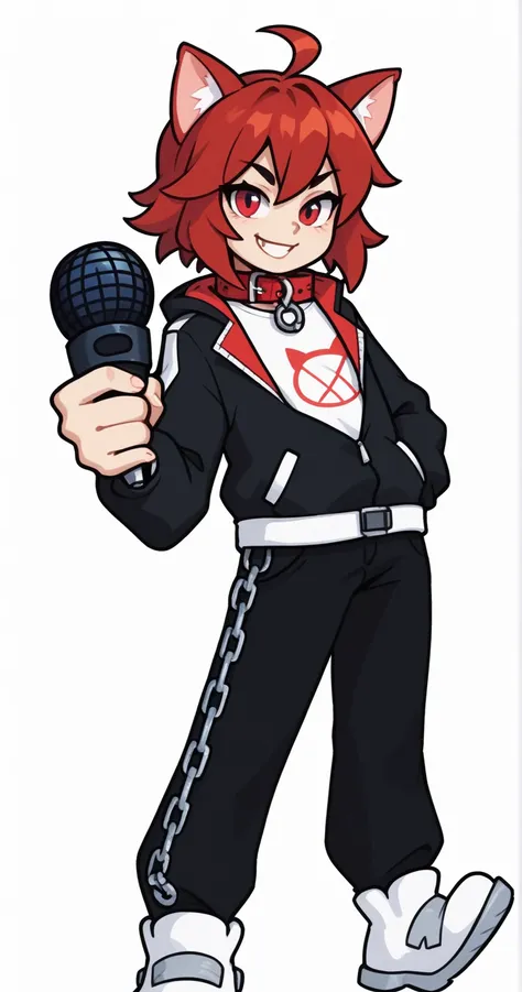  red hair, solo, red eyes, collar, animal ears, chain, smile, cat ears, hand in pocket, spinning a microphone, cat tail 