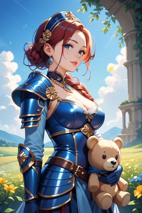 Blue sky in the prairie 、A female swordsman and a teddy bear wearing luxurious and beautiful Western-style blue armor、During combat, Warm Light,  Sparkling Effects ,  The light is shining  。 high resolution,  best quality , masterpiece, 