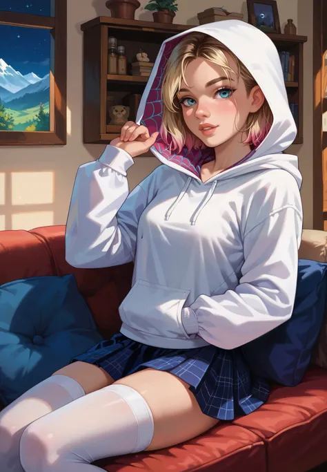 1girl, solo, Gwen Stacy, Spider Gwen, parted lips, hoodie, skirt, white stockings, detailed body, sitting on couch, sexy pose, mountain cottage, (night time:1.2), cinematic lighting,