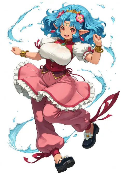 1girl, transparent_background, puffy_sleeves, flower, pointy_ears, solo, jewelry, full_body, puffy_short_sleeves, short_sleeves, breasts, blue_hair, bracelet, hair_ornament, frills, smile, pants, open_mouth, earrings, water, (masterpiece, anthropomorphic f...