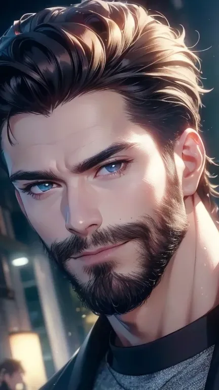 ( best quality,4K,8k, highres, masterpiece :1.2), ultra-detailed ,(realistic,photorealistic,photo-realistic:1.37), 30-year-old male,3 day beard,Cute anime ,Portraits,strong,Masculine, dark haired ,sharp jaw,  mesmerizing eyes  , perfectly combed hair,cool ...