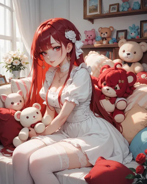 Make me a ren's room in lots of red and white with lots of plush toys and a girl in the background in a white dress and dark red hair