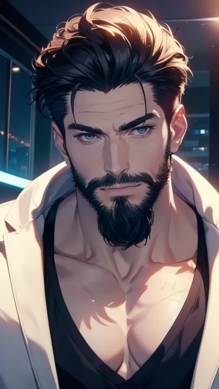 ( best quality,4K,8k, highres, masterpiece :1.2), ultra-detailed ,(realistic,photorealistic,photo-realistic:1.37), 30-year-old male,3 day beard,Cute anime ,Portraits,strong,Masculine, dark haired ,sharp jaw,  mesmerizing eyes  , perfectly combed hair,cool ...