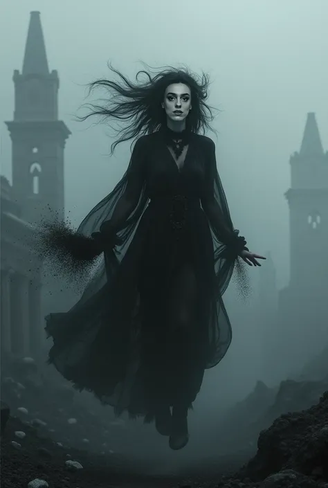 A mysterious woman flies over a dark and devastated landscape,  shrouded in a thick fog of ash .  Her face pale and ethereal carries a melancholic beauty ,  accented by opaque eyes , as if the light had been extinguished within them. Your hair,  made entir...