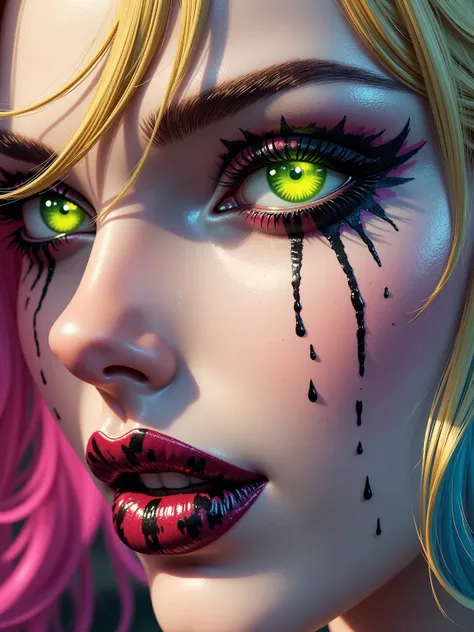 The artwork is a hyper-realistic pop art piece with watercolor, Alcohol ink , Oil painting, and colored pencil techniques.  The focus is on a close Shot of Harley Quinn's eye-catching neon green eye,  with a bright golden glow . Her dramatic makeup has bol...