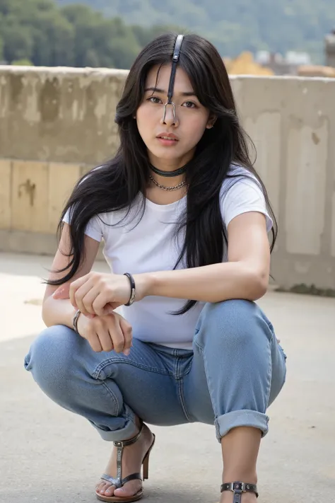 A high resolution photograph of a Japanese mature woman, masterpiece, best quality, photo-realistic, sharp focus, solo, 1girl, full body, t-shirt, denim pants, ankle strap sandals, straight long black hair, forehead, (nose-hook with strap wrapped around he...