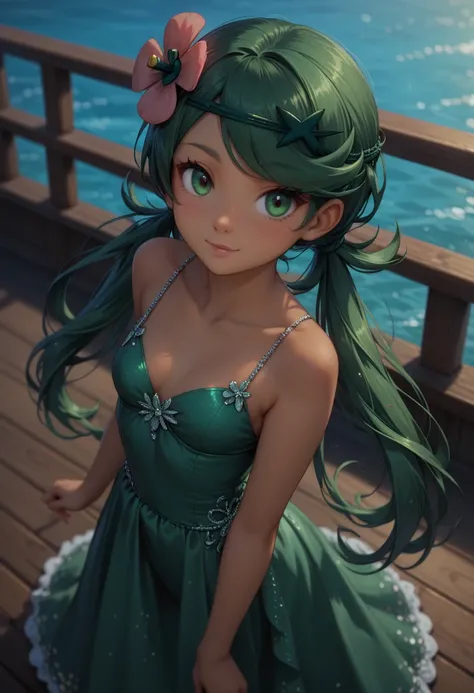 score_9, score_8_up, score_7_up, 1girl, solo, beautiful waifu, thicc, Mallow \(pokemon\),long hair, bangs, hair ornament, twintails, big green eyes, flower, green hair, hair flower, dark skin, dark-skinned female, swept bangs, wearing (evening dress with s...