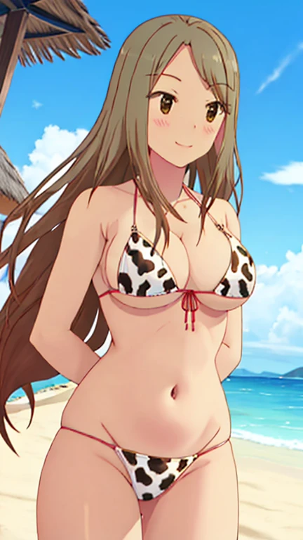 A girl, alone, very light brown hair, long hair, sonrisa, beach, cow print bikini 