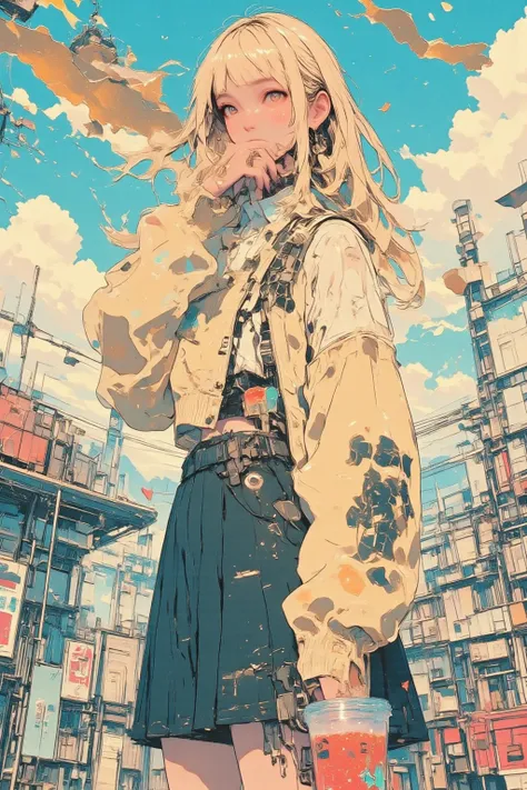  There is a high school girl on the roof of the school ,Rooftop with a fence ,Flaxen long hair, short pleated skirt , The color of the fukabuka cardigan is random,A tumbler with a strawberry in the right hand, illustration of a train, Surrealism ,  style o...