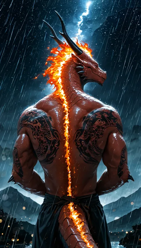 The man is sad in the rain ,Top of a mountain,muscular ,meditating, tattoo of a red dragon on his back,raining under the starry sky , Contrast of light and shadow , ( high quality, 4k, ultra detailed , realistic, bright colors , bokeh), (monstrous ...