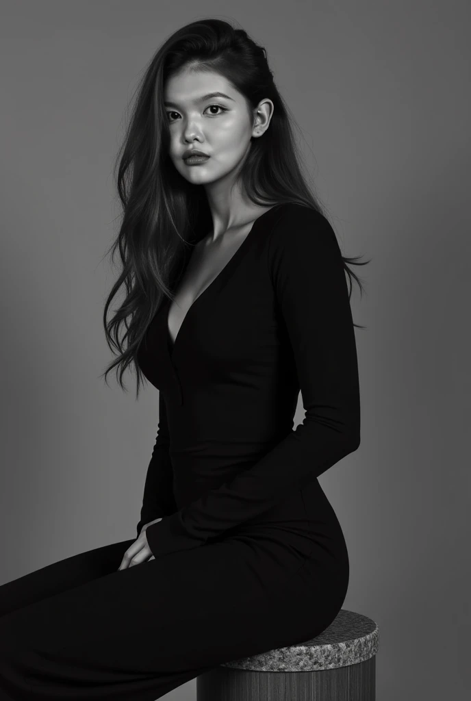  black and white photo like a model and posing like a model , clothes black dress I'm sitting and posing like the model in the first photo and the second photo ,I'm advertising lipstick  ( I should have lipstick in my hand ) I have long hair and a thin bod...